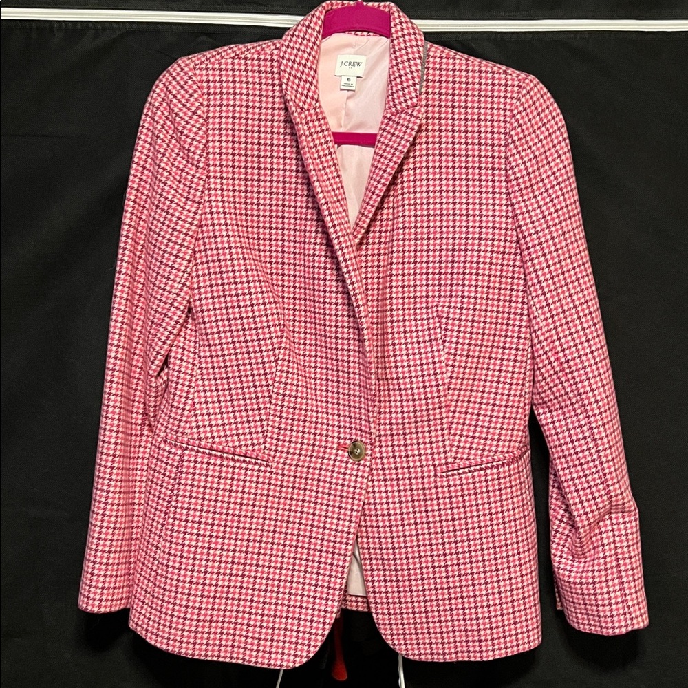 J. Crew Red and White Houndstooth Wool Blazer